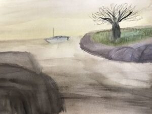 Landschaftsmalerei: links Felsen. Mittig ein Fluss, der ins offene Wasser führt. Darauf ein Boot. Oben rechts ein Stück Land mit einem Baum ohne Blätter.
